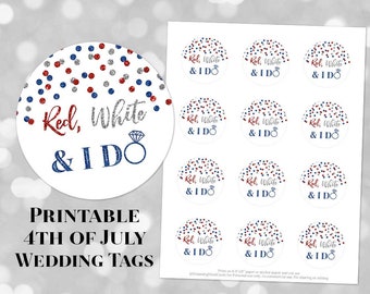 Etiquetas para lembrancinhas de casamento para impressão em 4 de julho, vermelho, branco e eu faço confete, download digital instantâneo