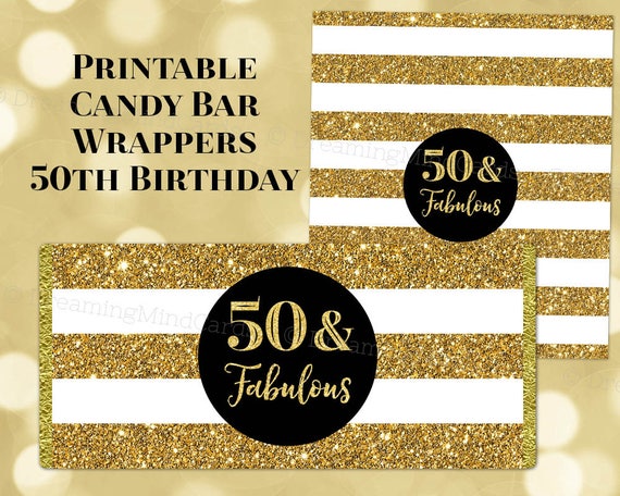 Printable Candy Bar Wrapper 50 Fabulous Black And White Gold Etsy