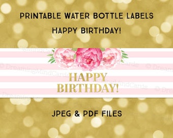 Printable Water Bottle Labels Happy Birthday Blush Pink Stripes Pink Watercolor Floral Gold Instant Digital Download