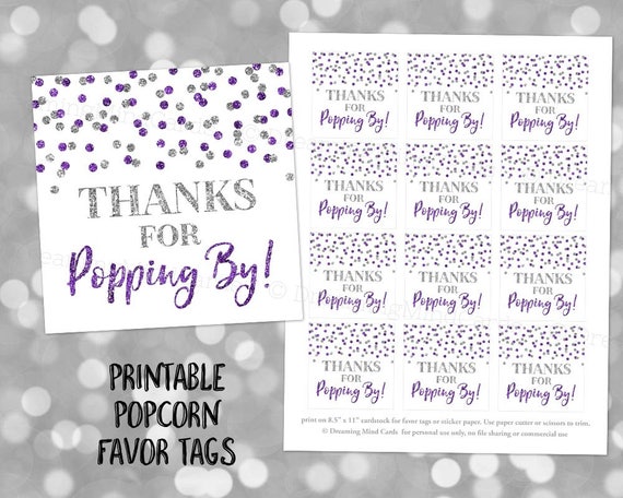 Printable Thank You for Popping By Favor Tags Dark Purple Silver Glitter Confetti for Baby Shower Popcorn Birthday Instant Digital Download