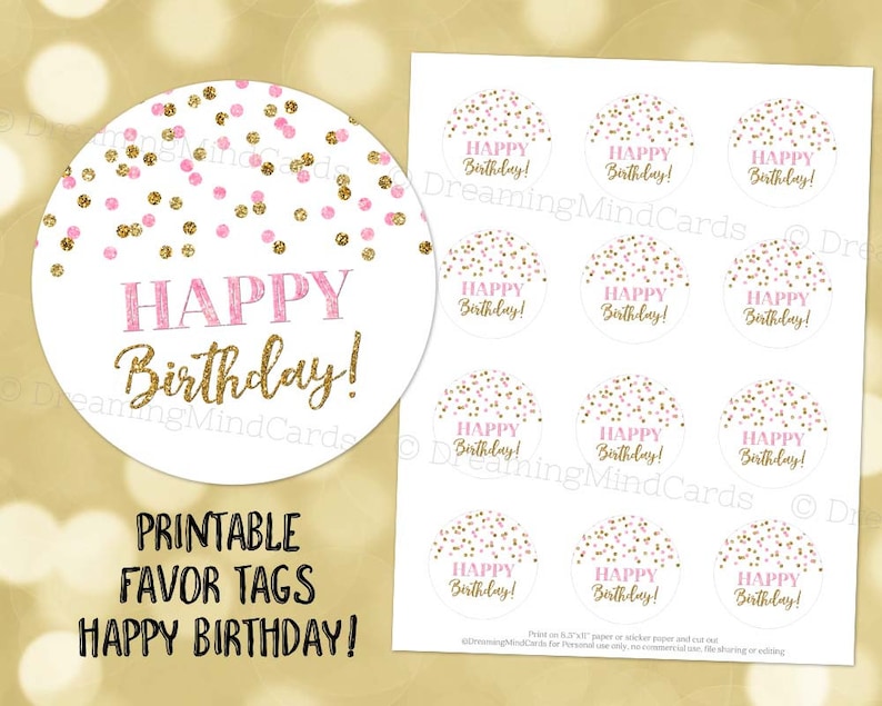 Printable Happy Birthday Round Tags Pink Gold Confetti Instant - Etsy