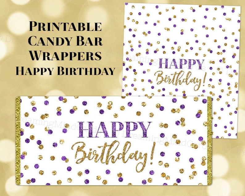 Printable Candy Bar Wrapper Happy Birthday Gold Purple Confetti Digital ...
