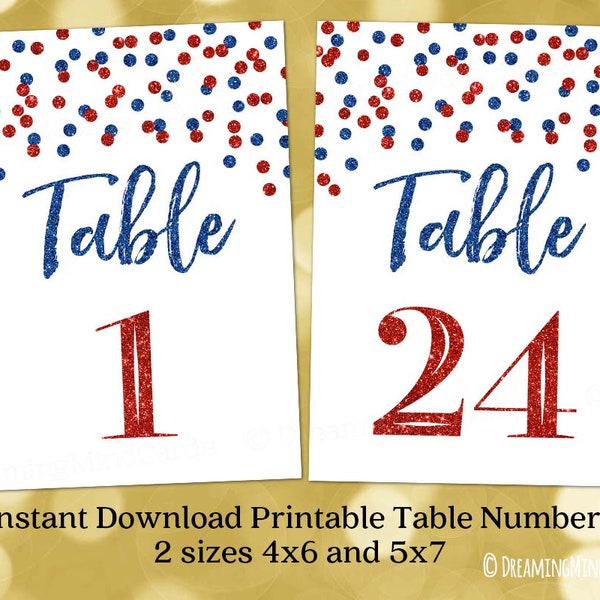 Printable Table Number Cards 1 to 24 Red White and Blue Confetti 4x6 and 5x7 Instant Digital Download Wedding Baby Shower Birthday
