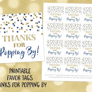 Printable Thank You for Popping By Favor Tags Dark Blue Gold Glitter Confetti for Baby Shower Popcorn Birthday Instant Digital Download
