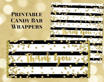 Printable Candy Bar Wrapper Labels Thank You Black Stripes Gold Confetti Birthday Wedding Baby Shower Bridal Shower Digital