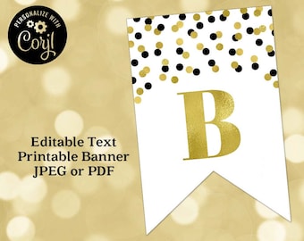 Printable Editable Text Banner Black and Gold Confetti Digital Download Birthday, Baby Shower, Retirement, Graduation