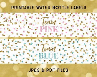 Printable Water Bottle Labels Gender Reveal Party Baby Shower Team Pink Team Blue Gold Pink Blue Glitter Confetti Instant Digital Download