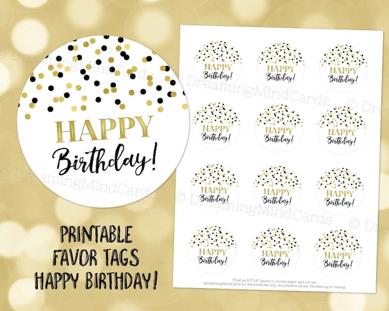 Printable Pleased Birthday Spherical Tags Black Gold Confetti Quick Electronic Obtain Labels Stickers or Tags image relating to Printable Round Tags referred to as Printable Content Birthday Spherical Tags Black Gold Confetti Quick Electronic Obtain Labels Stickers or Tags