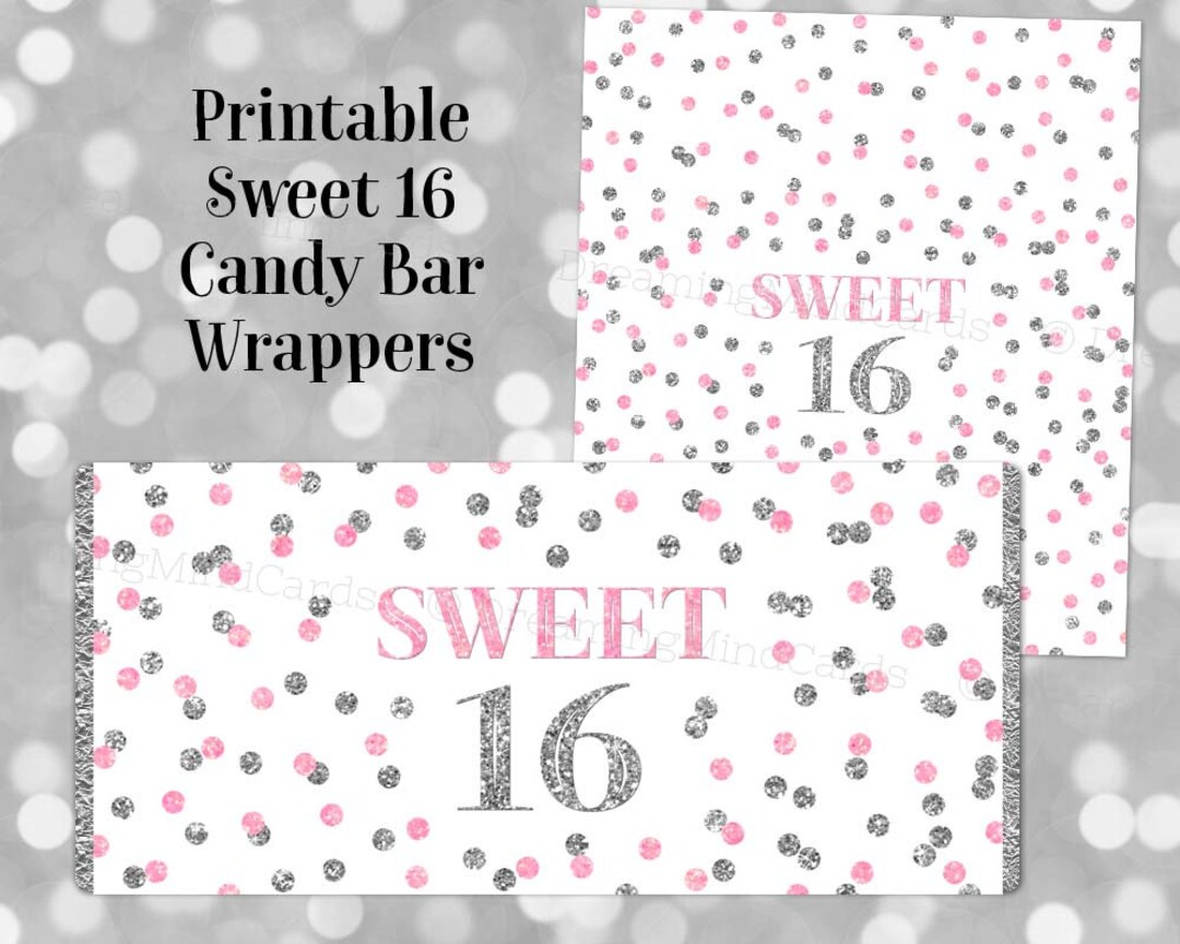 Printable Candy Bar Wrapper Sweet 16 Birthday Light Pink Silver ...