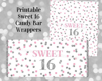 Printable Candy Bar Wrapper Sweet 16 Birthday Light Pink Silver Confetti Digital Download Chocolate Bar Labels