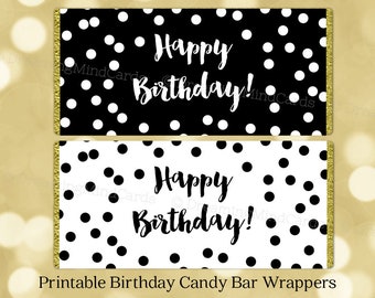 Printable Candy Bar Wrapper Happy Birthday Black and White Confetti Digital Download Chocolate Bar Labels