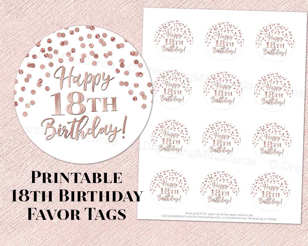 Printable Happy 18th Birthday Round Tags Rose Gold Confetti | Etsy