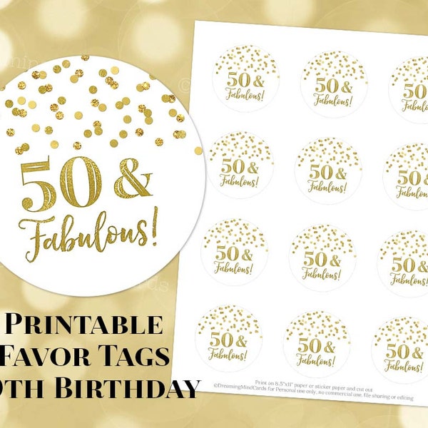 Printable 50 and Fabulous 50th Birthday Round Tags Gold Confetti Instant Digital Download Labels Stickers or Tags