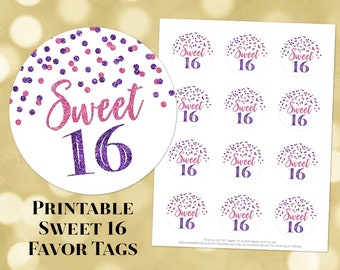 Printable Sweet 16 Birthday Party Round Tags Purple and Hot Pink Confetti Instant Digital Download Labels Stickers or Tags