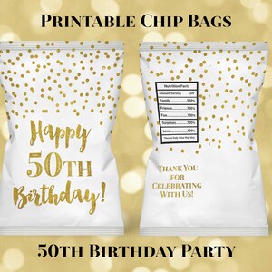 Printable Mini Chip Bag Happy 50th Birthday Gold Confetti Digital Download 50th Birthday Party