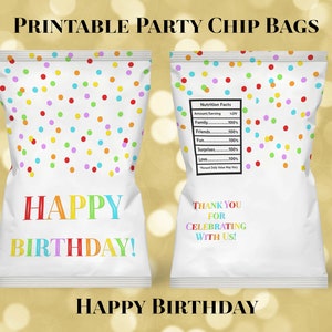 Printable Mini Chip Bag Happy Birthday Rainbow Confetti Digital Download Birthday Party