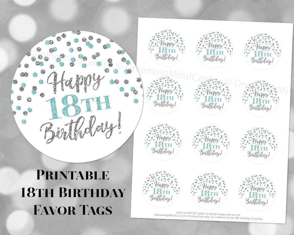 Printable Happy 18th Birthday Round Tags Light Blue and Silver | Etsy