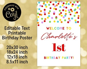 Printable Editable Text Kids Birthday Party Poster Rainbow Confetti Digital Download Sign