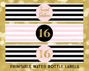 Etiquetas de botellas de agua imprimibles Dulce 16 fiesta de cumpleaños rayas negras y rosa rubor con descarga digital instantánea dorada