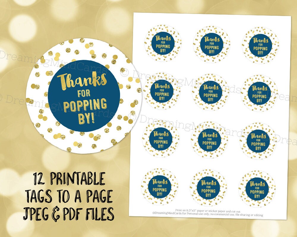 Printable Thanks for Popping By Favor Tags Navy Blue Gold Glitter Confetti for Baby Shower Popcorn Instant Digital Download