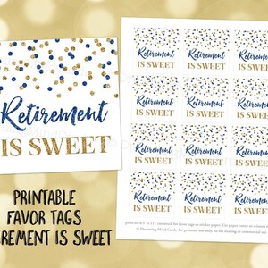 Printable Retirement is Sweet Favor Tags Gold Dark Blue Confetti Retirement Party Gift Tag Instant Digital Download Sticker