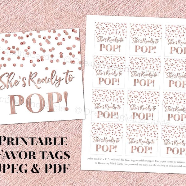 Printable She's Ready to Pop Favor Tags Rose Gold Confetti for Baby Shower Popcorn Instant Digital Download