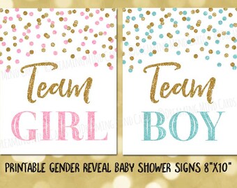 Printable Team Girl Team Boy Signs 8x10 and 4x6 Pink Blue Gold Glitter Confetti Gender Reveal Baby Shower Digital Download