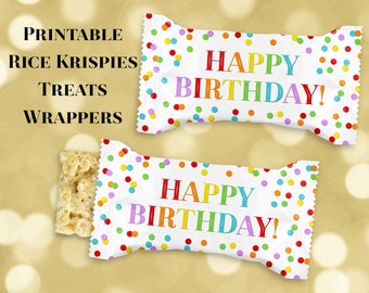 Printable Happy Birthday Rice Krispies Treats Wrapper Labels Rainbow Confetti Digital