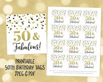 Printable 50 and Fabulous Birthday Party Favor Tags Gold Black Confetti Birthday Party Gift Tag Instant Digital Download Sticker