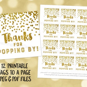 Printable Thank You for Popping By Favor Tags Gold Glitter Confetti for Baby Shower Popcorn Birthday Instant Digital Download
