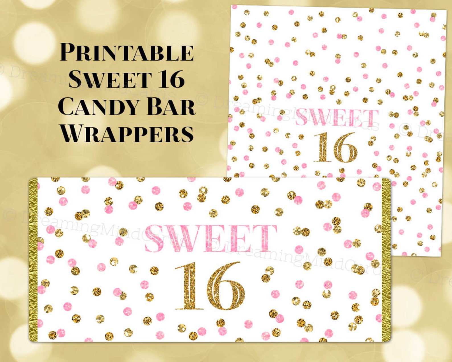 Printable Candy Bar Wrapper Sweet 16 Birthday Light Pink Gold Confetti ...