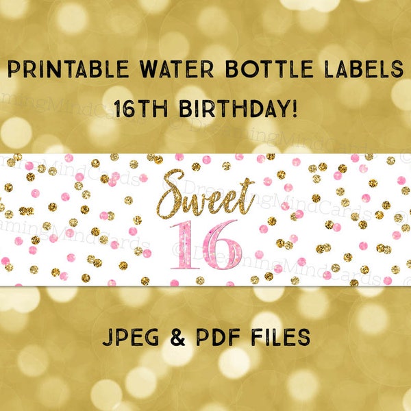 Printable Water Bottle Labels Sweet 16 Birthday Party Pink Gold Confetti Instant Digital Download