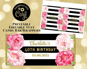 Editable Printable Candy Bar Wrapper Labels Pink Watercolor Floral Gold Black White Stripes Gold Digital Label Any Custom Text