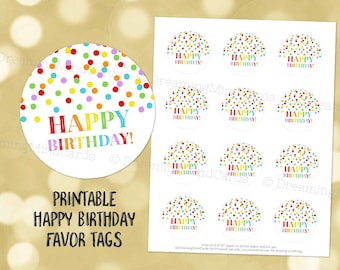 Printable Happy Birthday Round Tags Rainbow Confetti Instant Digital Download Labels Stickers or Tags