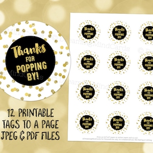 Printable Thanks for Popping By Favor Tags Black Gold Glitter Confetti for Baby Shower Popcorn Instant Digital Download