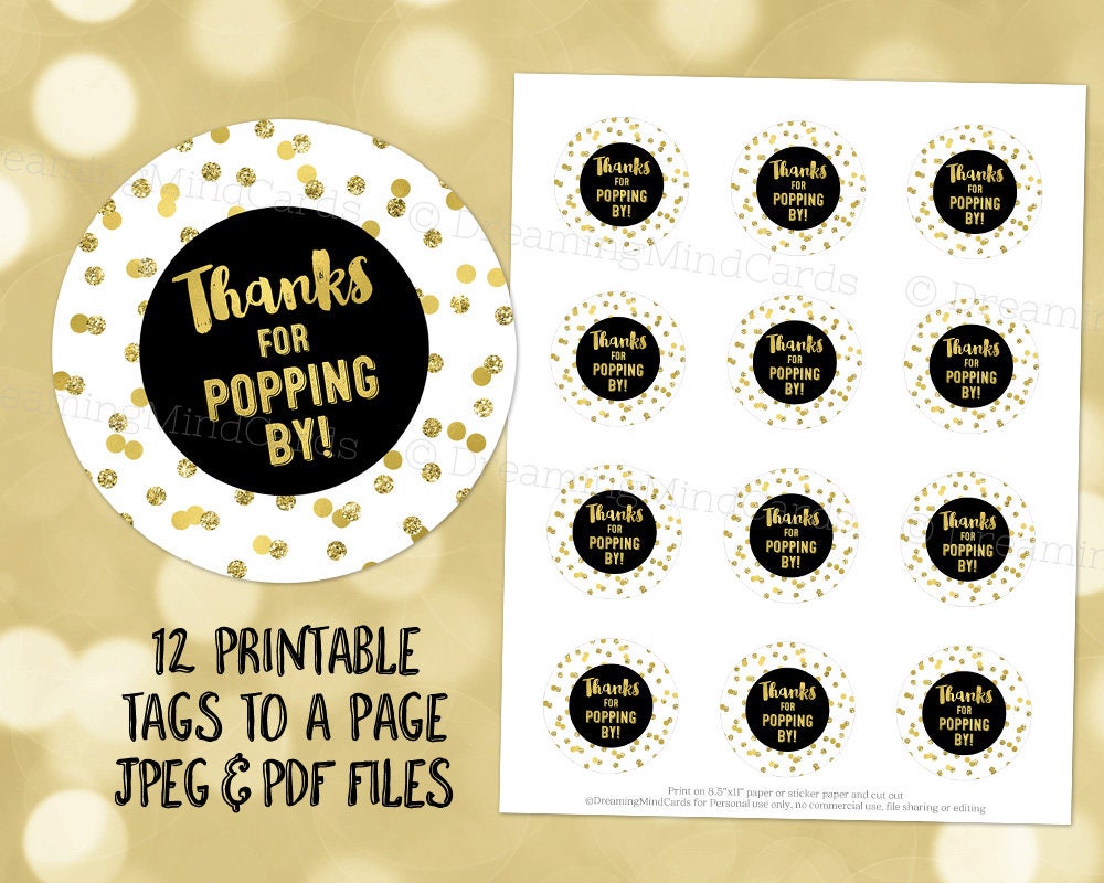 Printable Thanks for Popping By Favor Tags Black Gold Glitter Confetti for Baby Shower Popcorn Instant Digital Download
