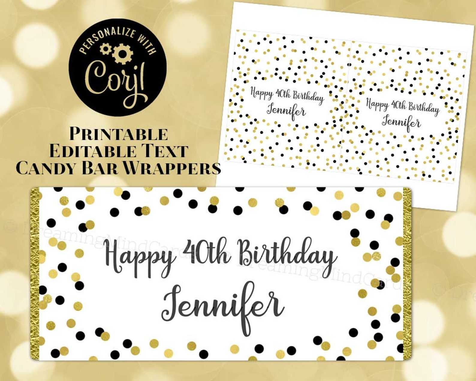 Printable Editable Text Birthday Candy Bar Wrapper Black and Gold ...