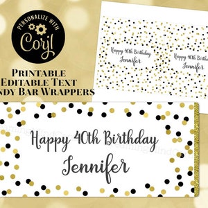 Printable Editable Text Birthday Candy Bar Wrapper Black and Gold ...