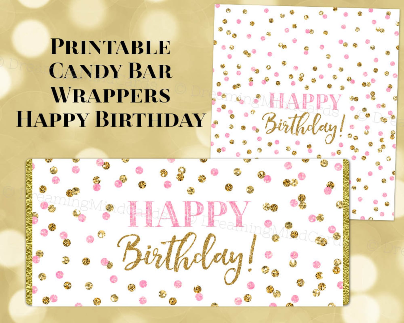 Printable Candy Bar Wrapper Happy Birthday Gold Pink Confetti Digital ...