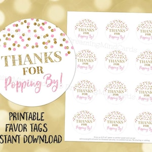 Printable Thanks for Popping By Favor Tags Gold Pink Confetti for Baby Shower or Birthday Popcorn Instant Digital Download