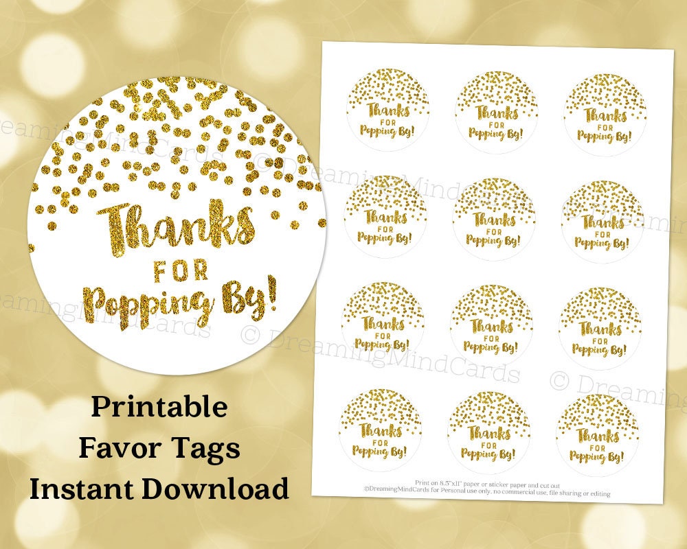 Printable Thanks for Popping By Favor Tags Gold Confetti for Etsy