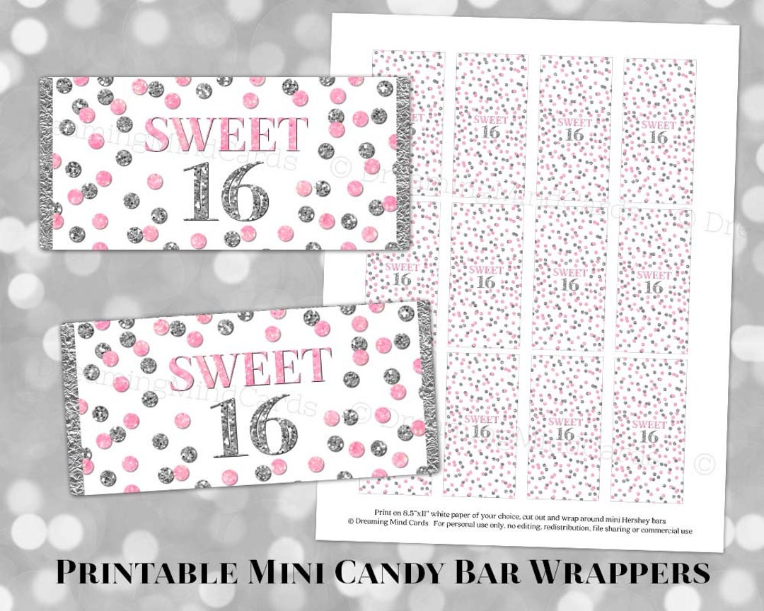 Printable Mini Candy Bar Wrapper Labels Sweet 16 Birthday Party Light ...
