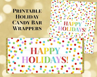 Printable Happy Holiday Candy Bar Wrapper Labels Christmas Rainbow Confetti Instant Digital Download