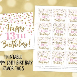 Printable Happy 13th Birthday Party Favor Tags Light Pink Gold Confetti Instant Digital Download