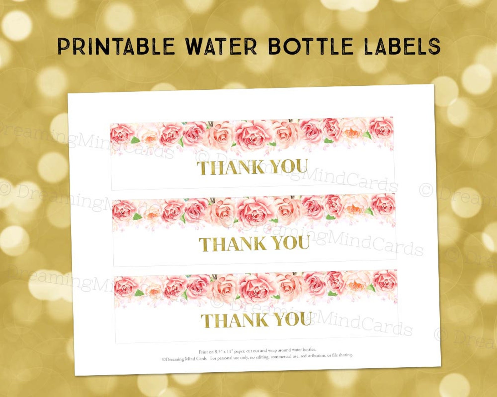 Printable Water Bottle Labels Thank You Blush Pink Watercolor | Etsy