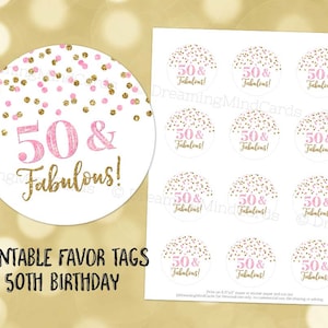 Etiquetas redondas imprimibles para el 50.° cumpleaños, fabulosas etiquetas adhesivas o etiquetas digitales de descarga instantánea con confeti rosa y dorado
