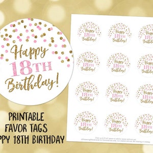 Printable Happy 18th Birthday Round Tags Pink Gold Confetti Instant Digital Download Labels Stickers or Tags