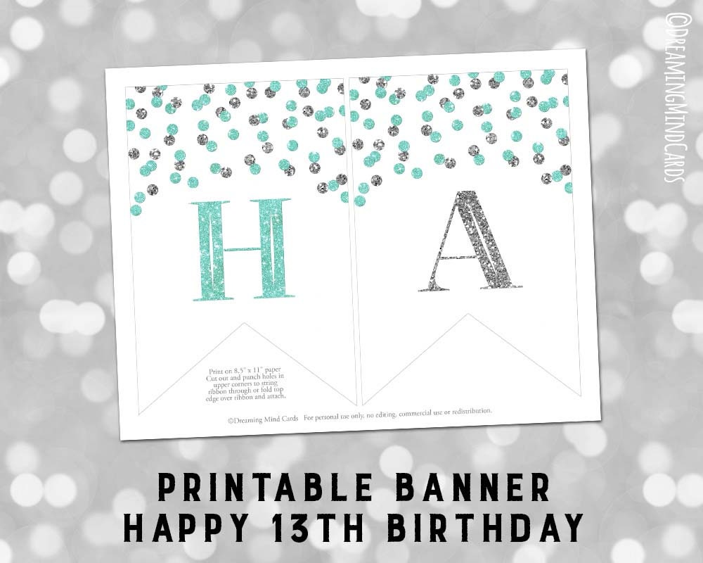 printable happy 13th birthday banner turquoise blue and silver etsy