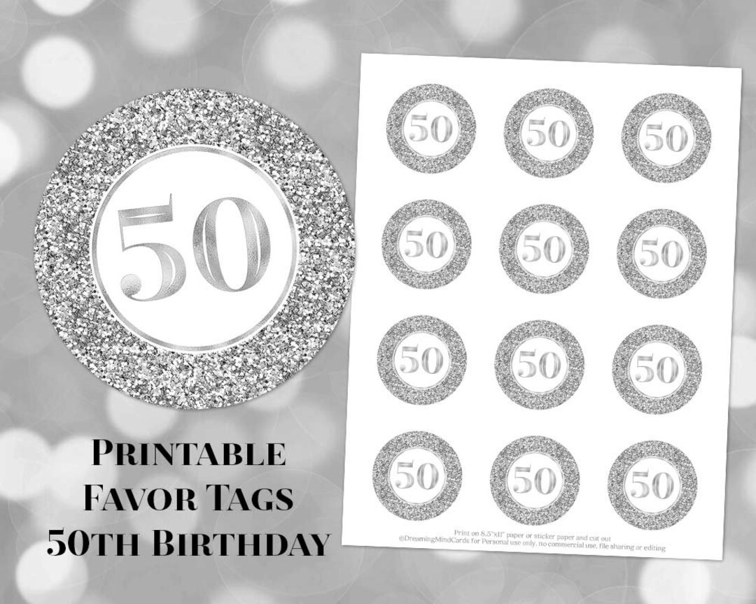 Printable 50th Birthday Round Tags Silver Glitter Instant Digital ...