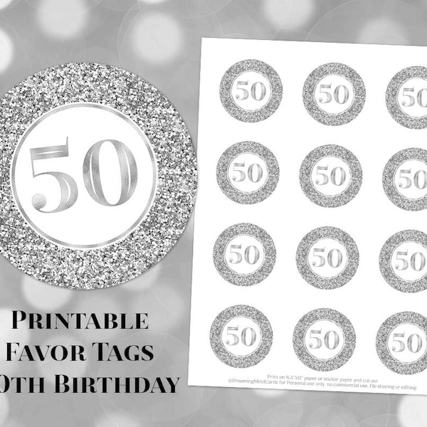 Printable 50th Birthday Round Tags Silver Glitter Instant Digital Download Labels Stickers or Tags